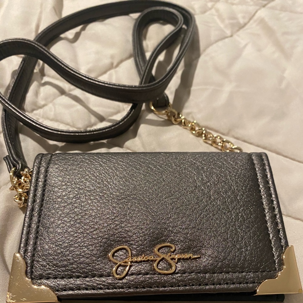 Jessica Simpson grayish Wallet With Gold Color Trim crossbody chain attached